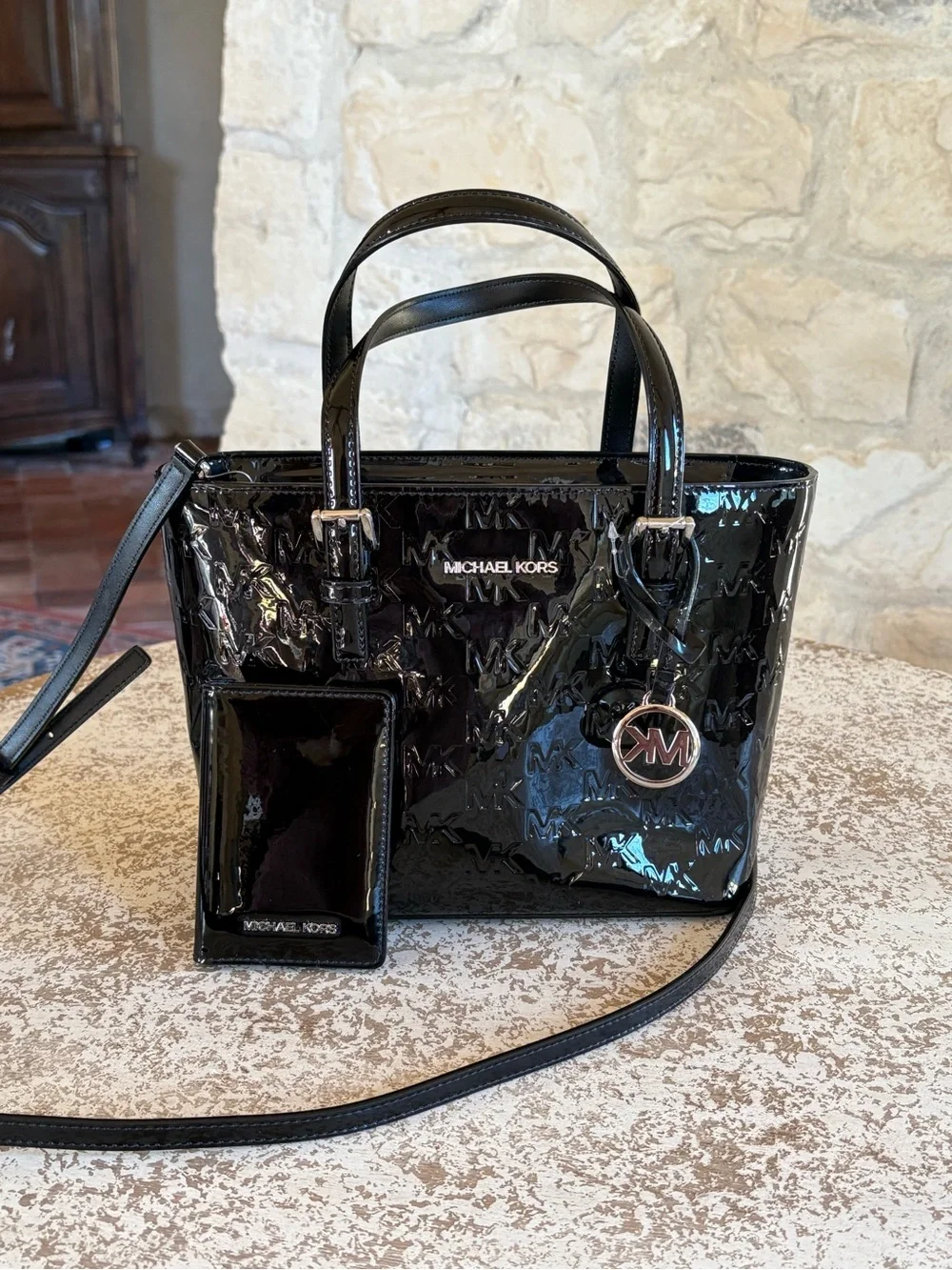 Michael Kors Black Patent Leather Satchel with Logo Charm